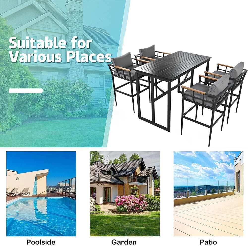 Ensemble de salle à manger d'extérieur en acier 5 pièces avec 4 chaises, bar et coussins