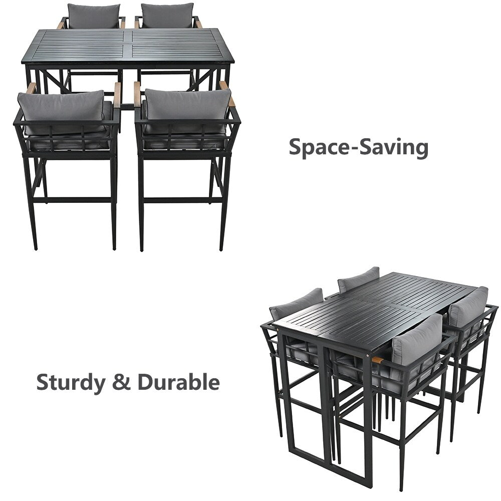Ensemble de salle à manger d'extérieur en acier 5 pièces avec 4 chaises, bar et coussins
