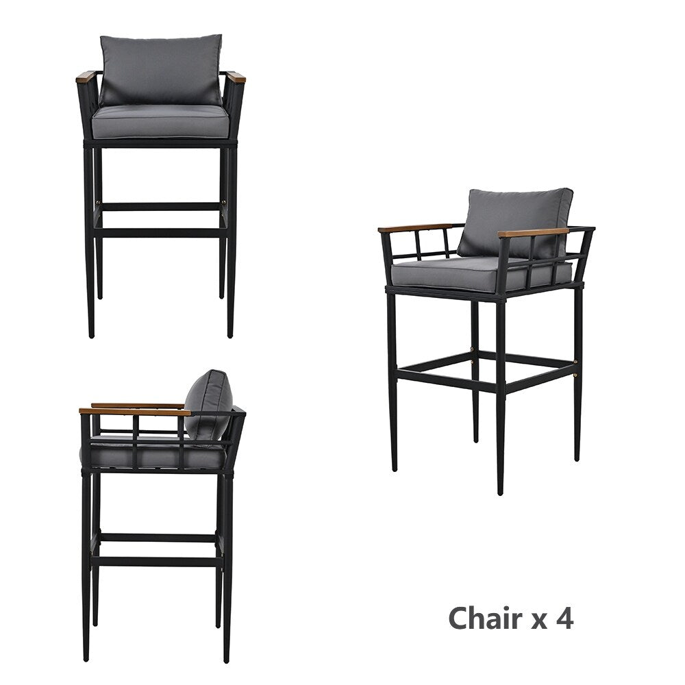 Ensemble de salle à manger d'extérieur en acier 5 pièces avec 4 chaises, bar et coussins