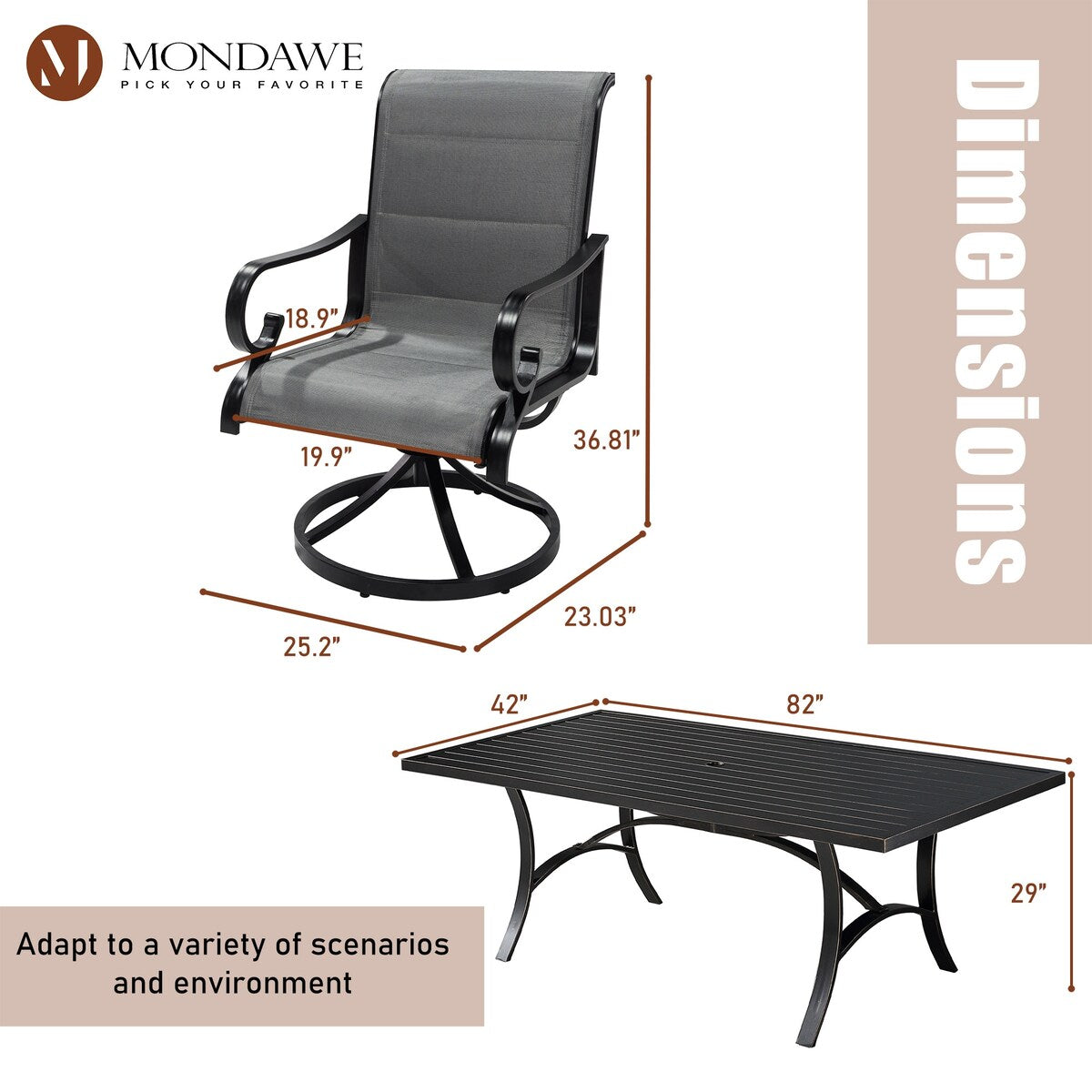 Ensemble de salle à manger d'extérieur 5 pièces avec chaises pivotantes en aluminium textilène