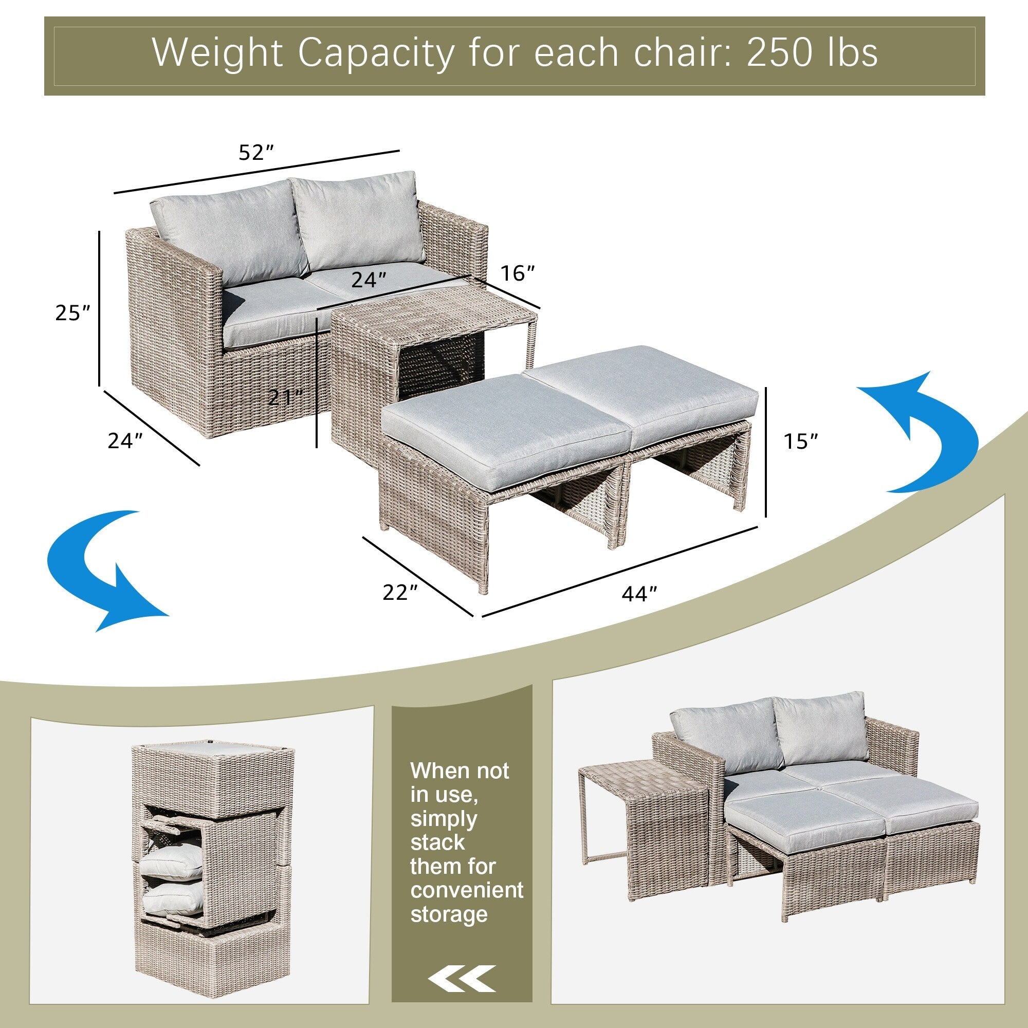 Ensemble de conversation d'extérieur en rotin 5 pièces avec chaises en osier et coussins