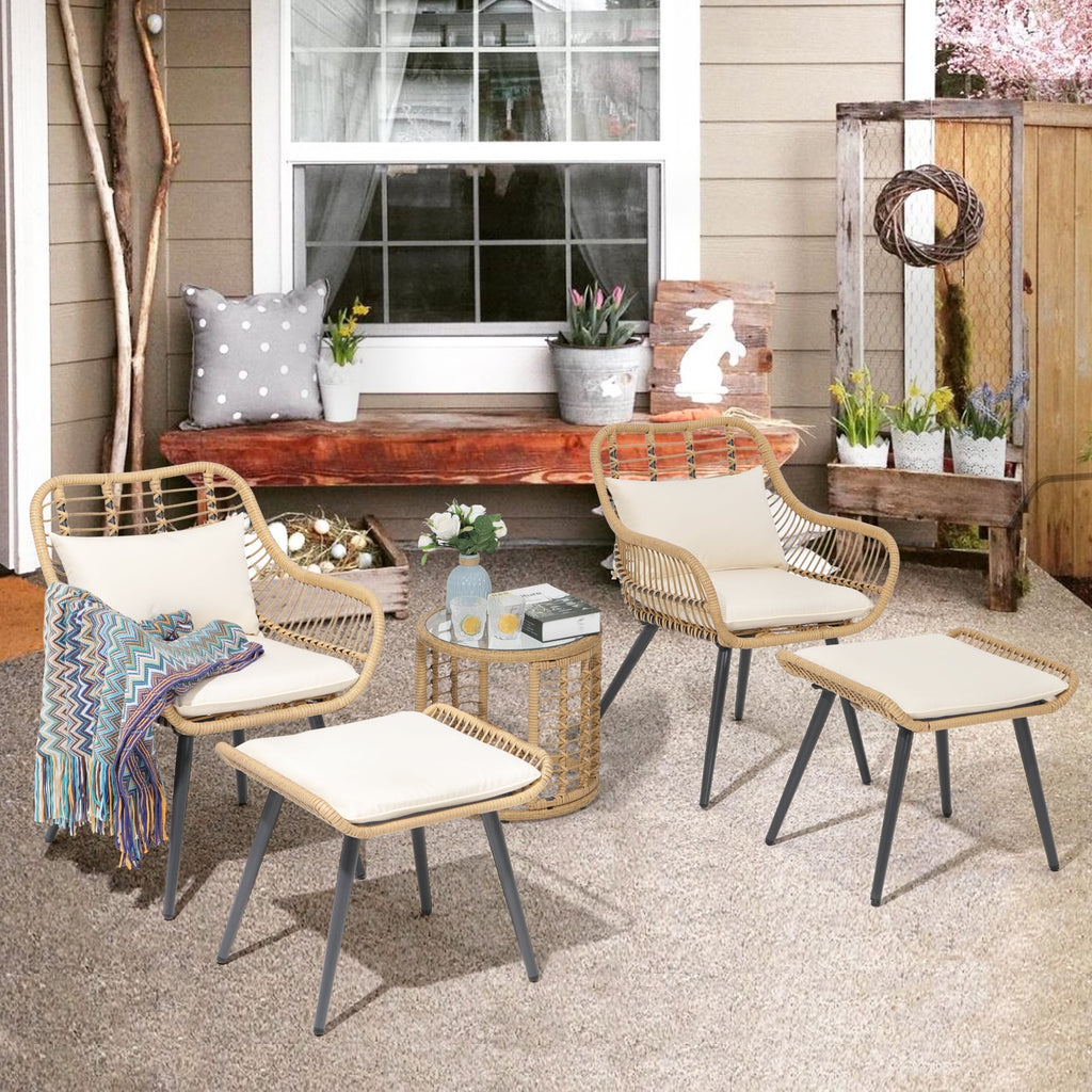 Ensemble de conversation d'extérieur rembourré en osier 5 pièces