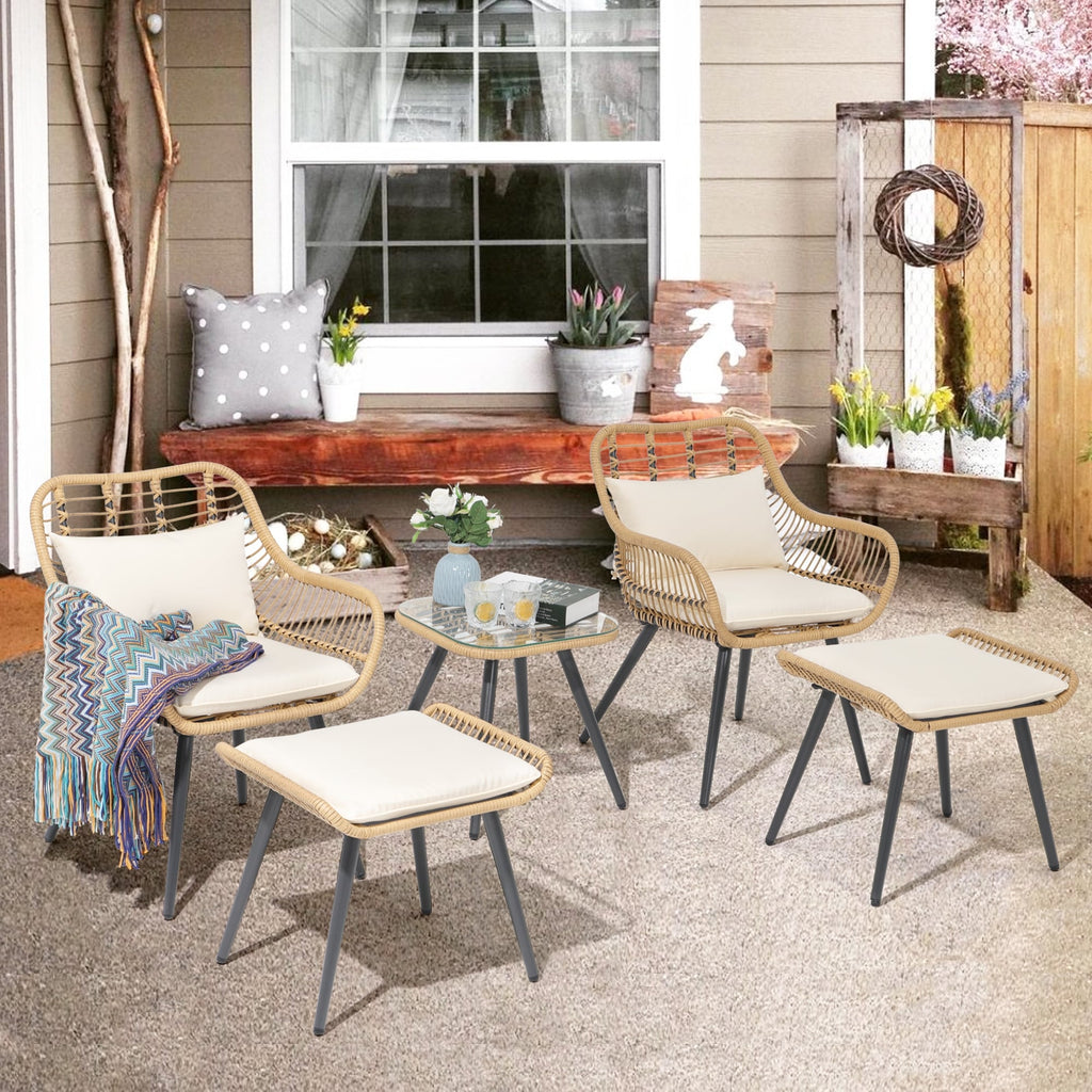 Ensemble de conversation d'extérieur rembourré en osier 5 pièces