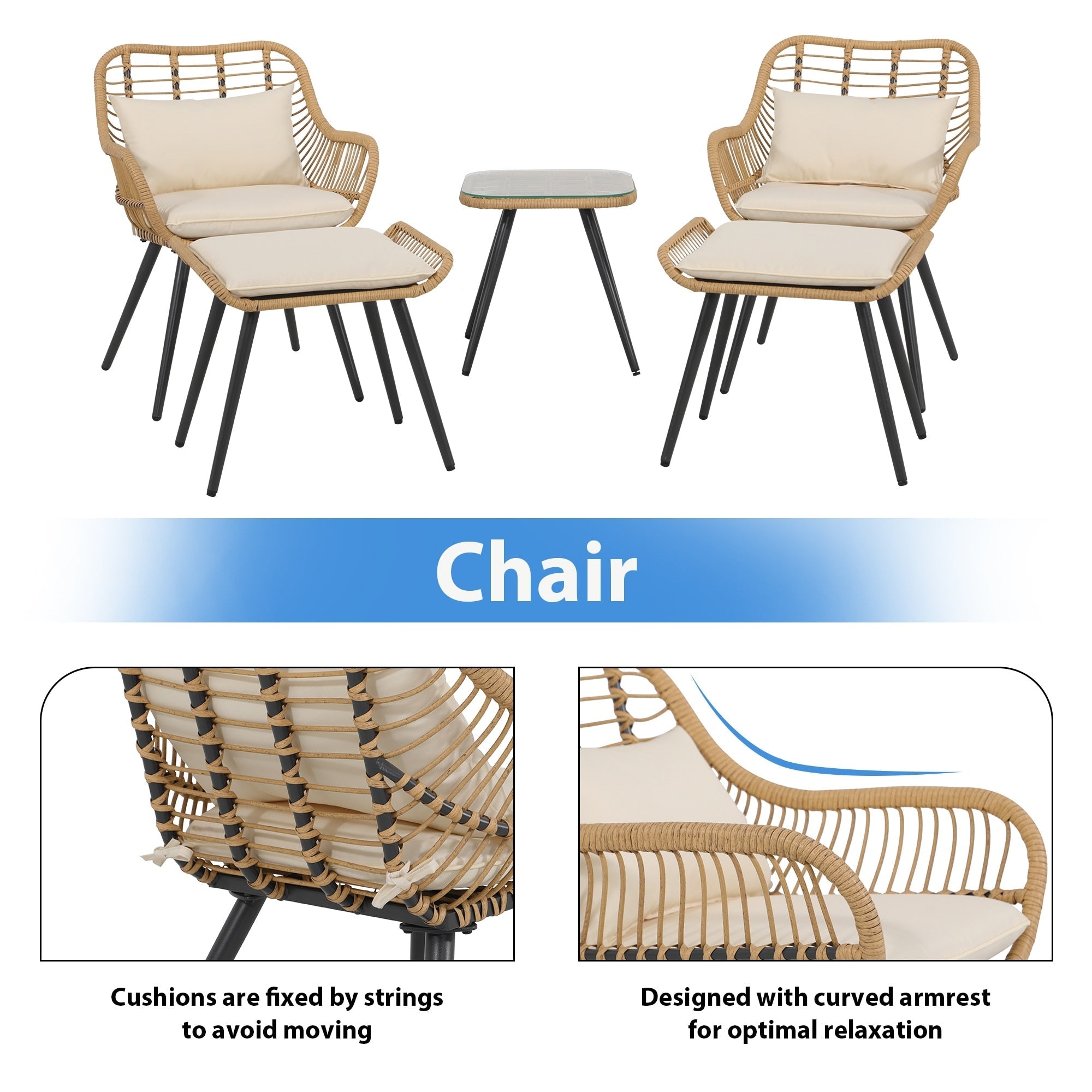 Ensemble de conversation d'extérieur rembourré en osier 5 pièces