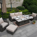 Ensemble de canapés d'extérieur en osier 5 pièces avec table et foyer en aluminium