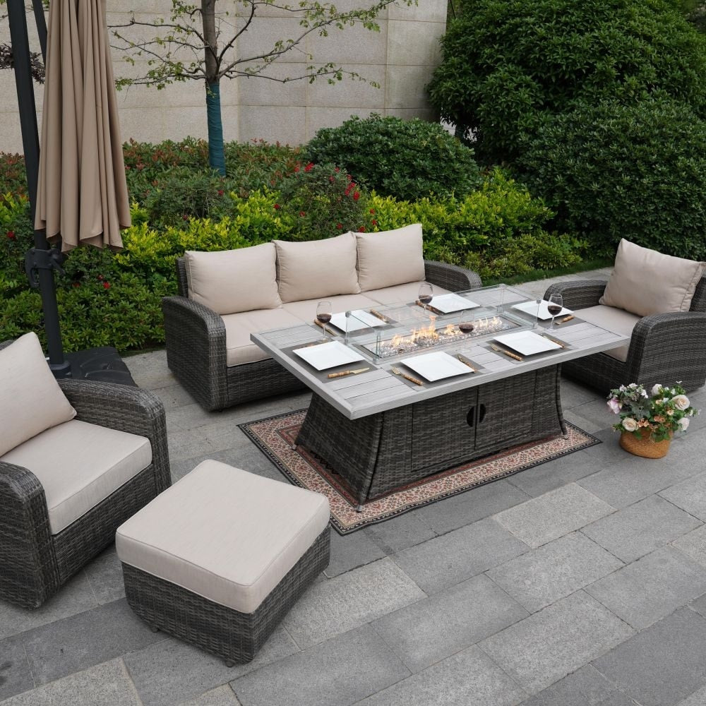 Ensemble de canapés d'extérieur en osier 5 pièces avec table et foyer en aluminium