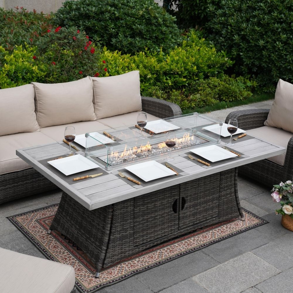 Ensemble de canapés d'extérieur en osier 5 pièces avec table et foyer en aluminium