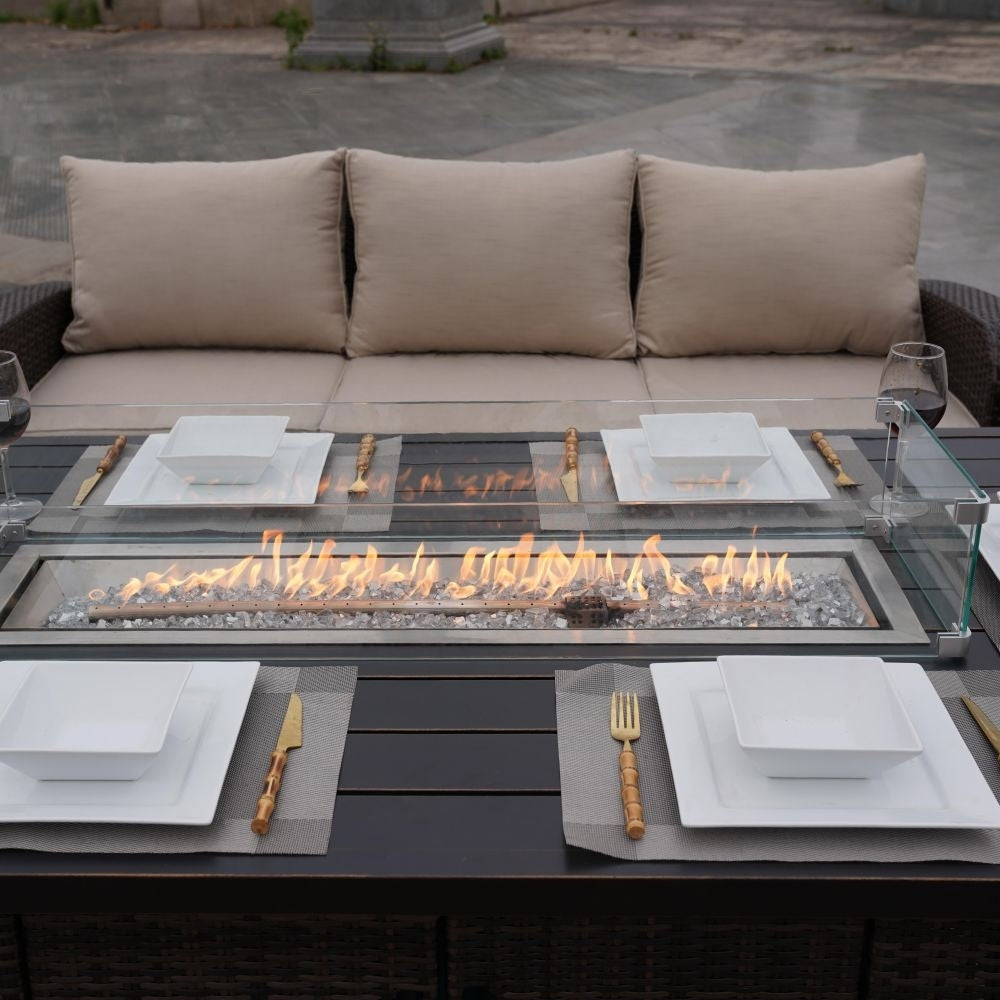 Ensemble de canapés d'extérieur en osier 5 pièces avec table et foyer en aluminium