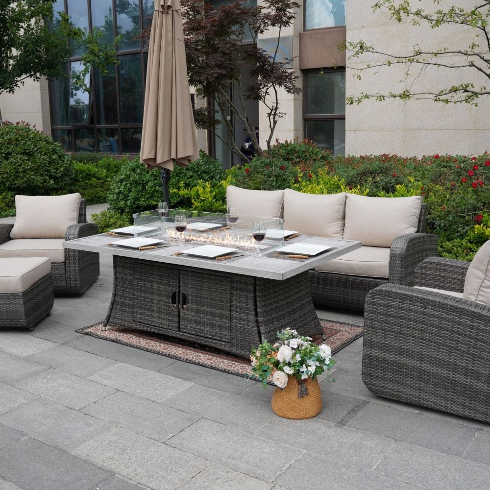 Ensemble de canapés d'extérieur en osier 5 pièces avec table et foyer en aluminium