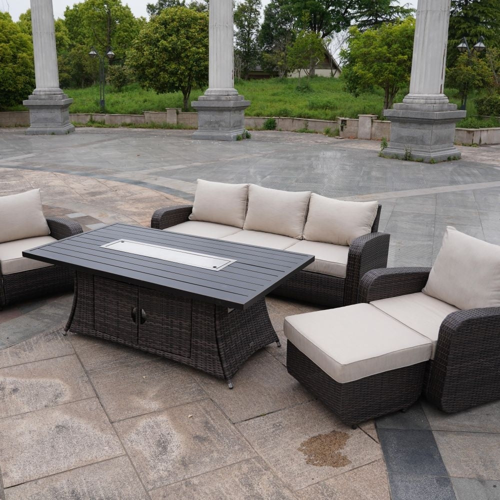 Ensemble de canapés d'extérieur en osier 5 pièces avec table et foyer en aluminium