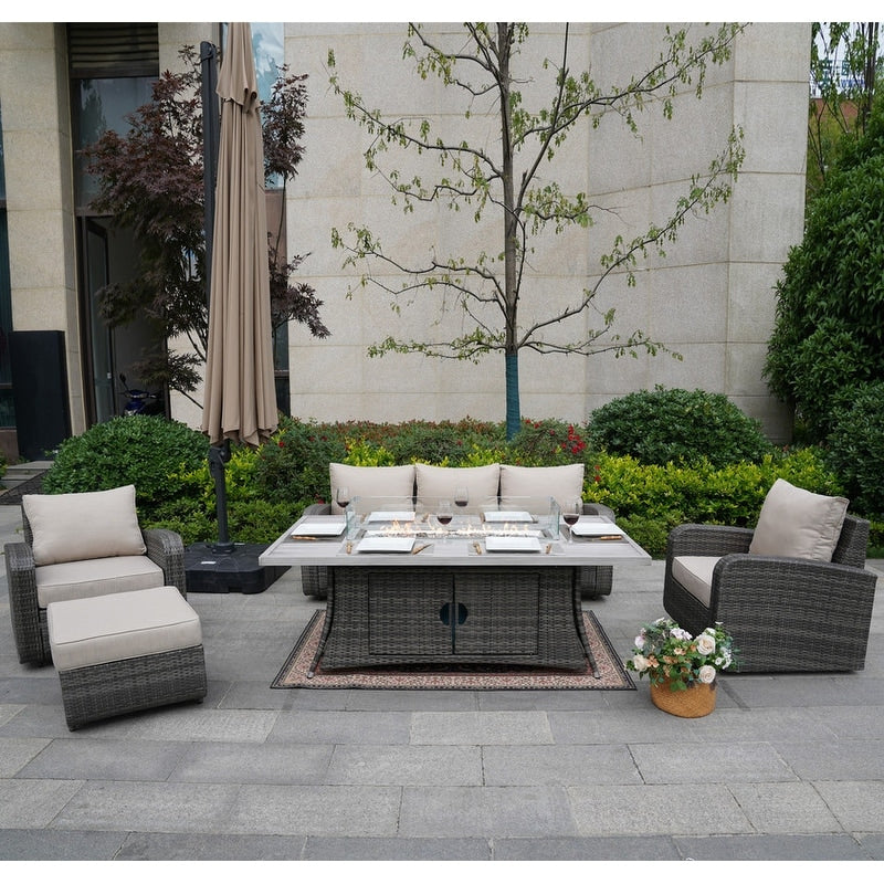 Ensemble de canapés d'extérieur en osier 5 pièces avec table et foyer en aluminium