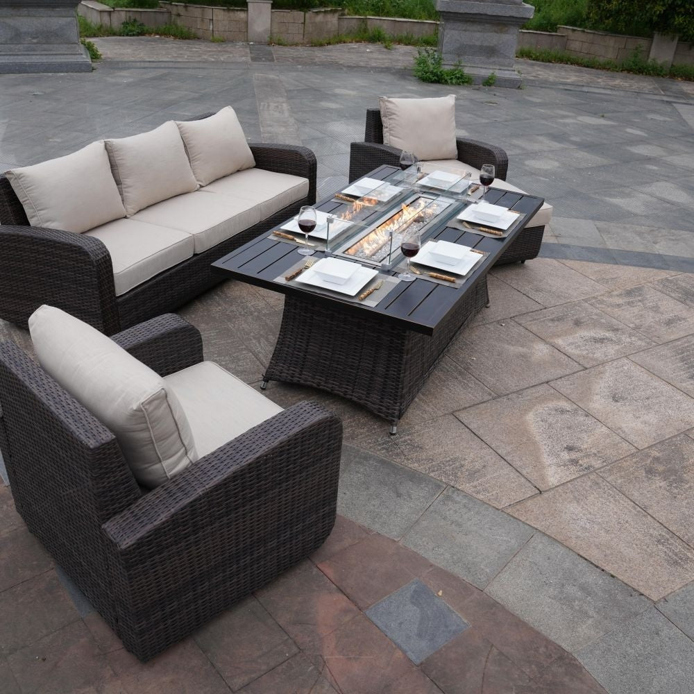 Ensemble de canapés d'extérieur en osier 5 pièces avec table et foyer en aluminium