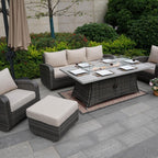 Ensemble de canapés d'extérieur en osier 5 pièces avec table et foyer en aluminium