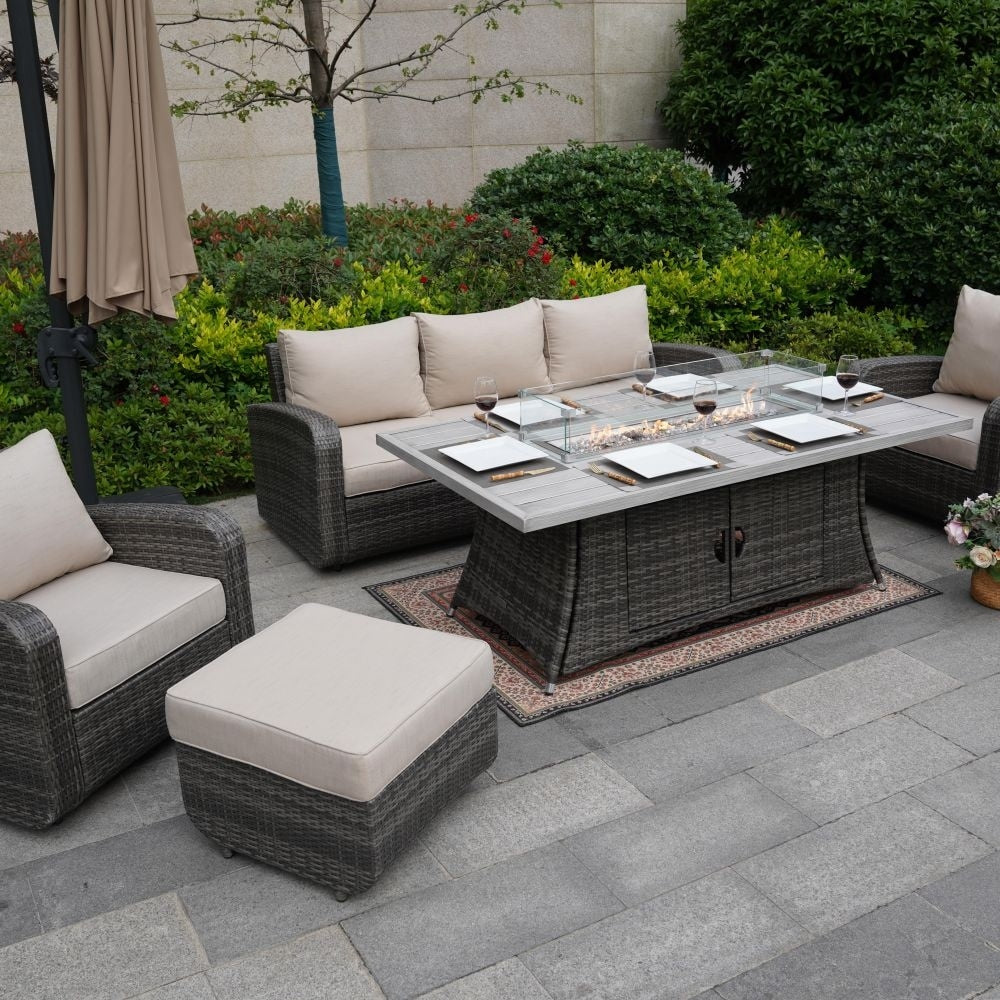 Ensemble de canapés d'extérieur en osier 5 pièces avec table et foyer en aluminium