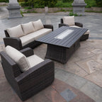 Ensemble de canapés d'extérieur en osier 5 pièces avec table et foyer en aluminium