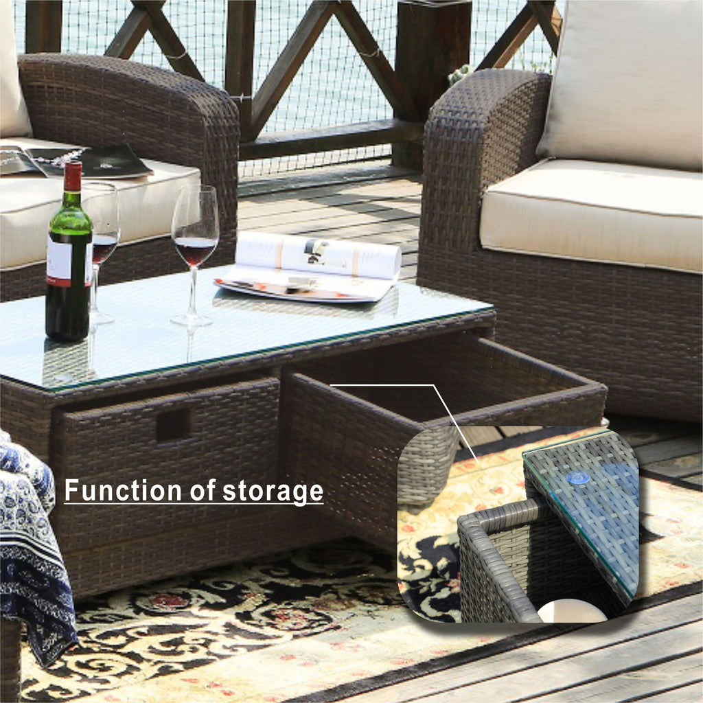 Ensemble de canapés d'extérieur en osier 5 pièces avec table et foyer en aluminium