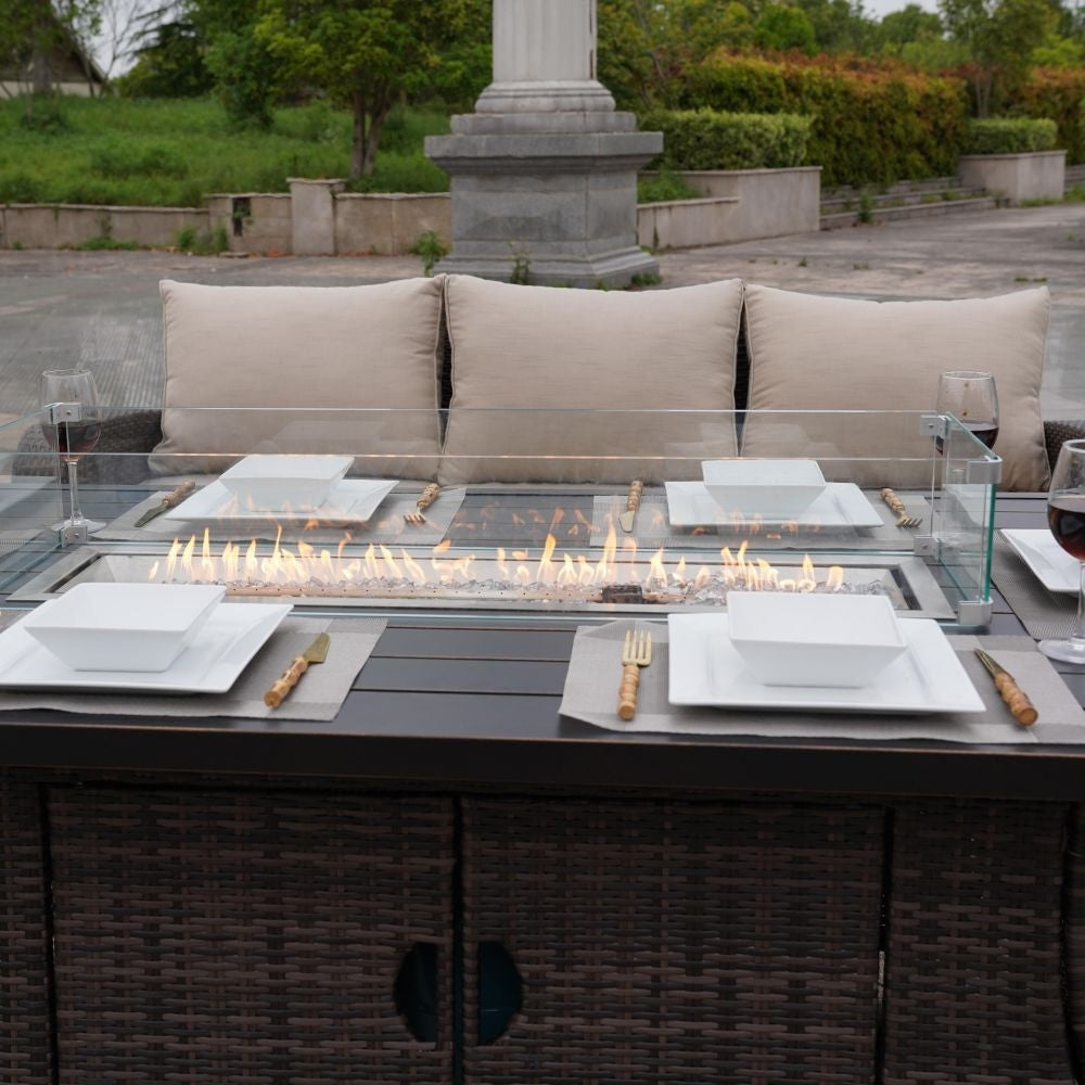 Ensemble de canapés d'extérieur en osier 5 pièces avec table et foyer en aluminium