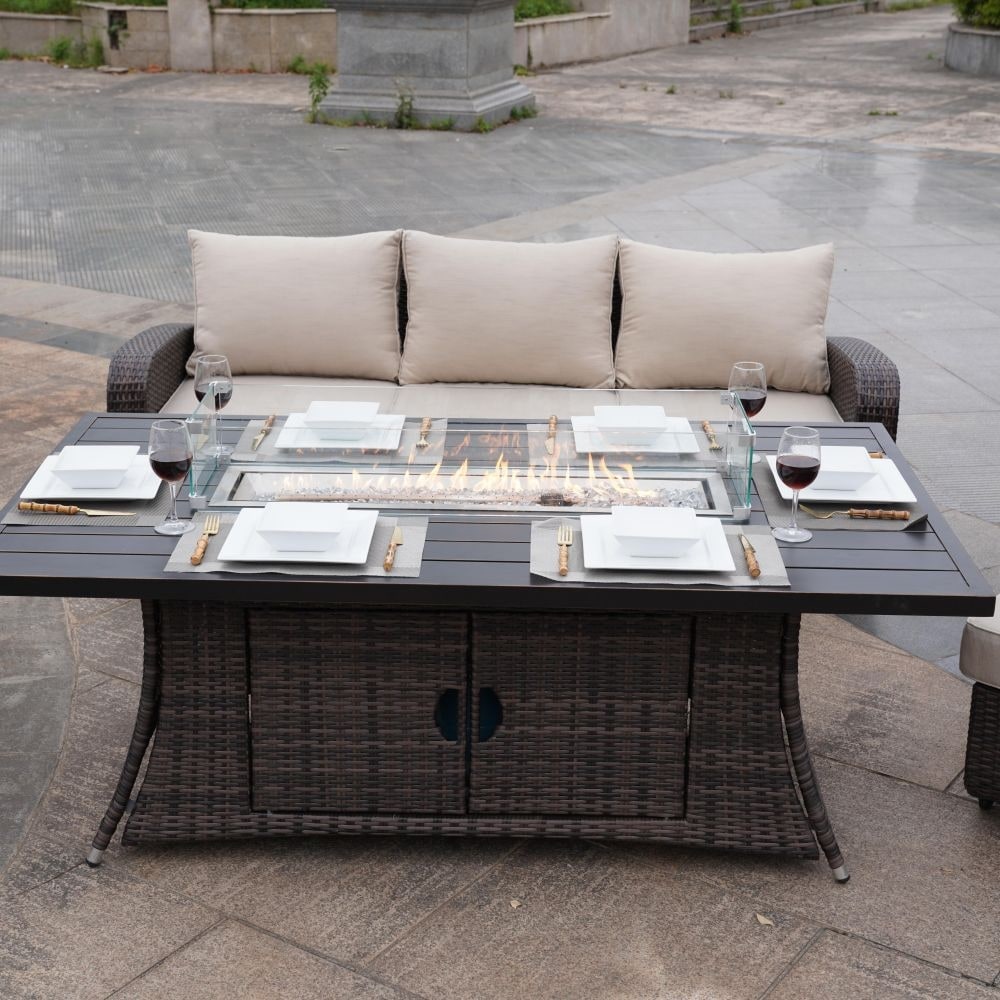 Ensemble de canapés d'extérieur en osier 5 pièces avec table et foyer en aluminium