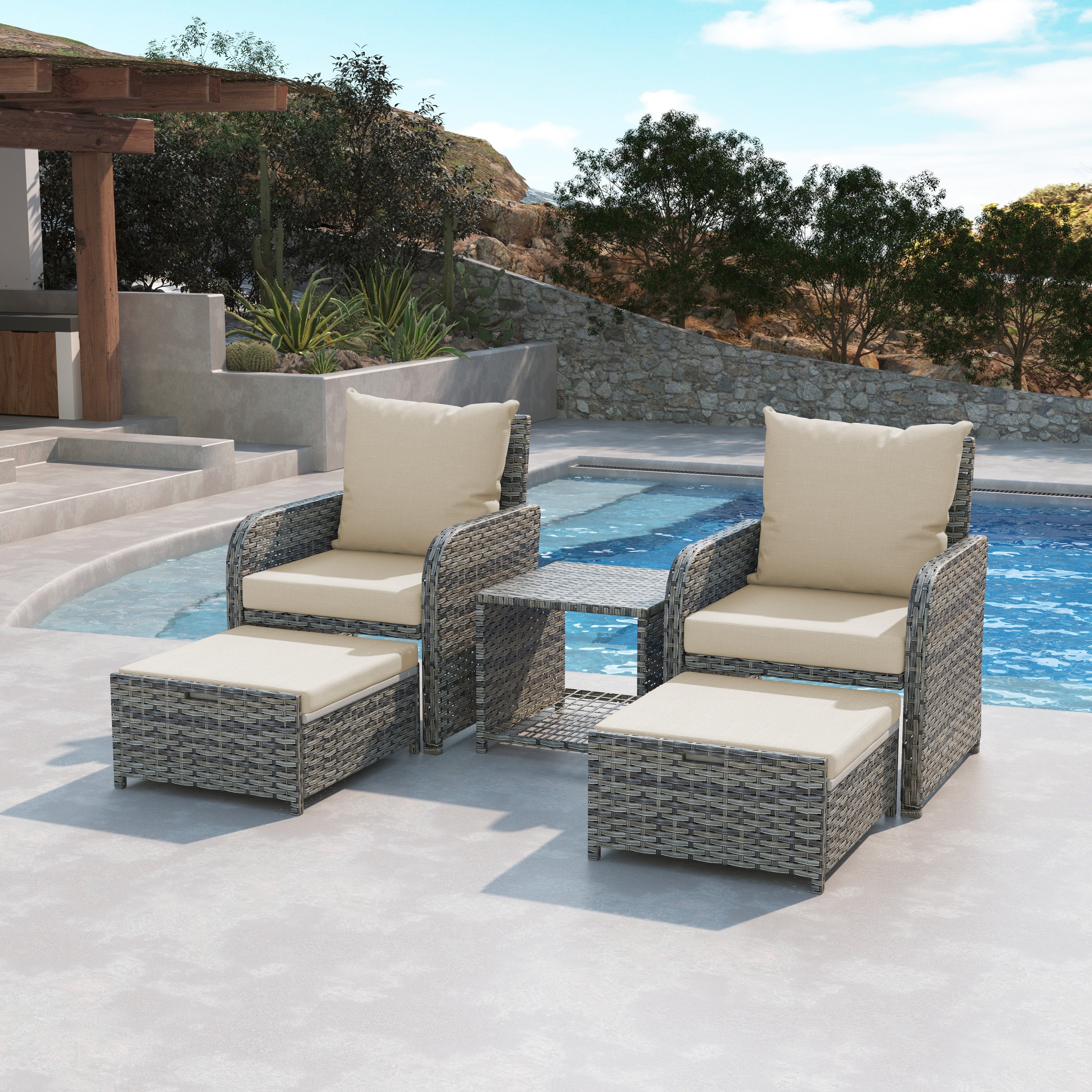 Ensemble de patio extérieur en rotin PE 5 pièces avec 2 chaises, 2 poufs et une table basse