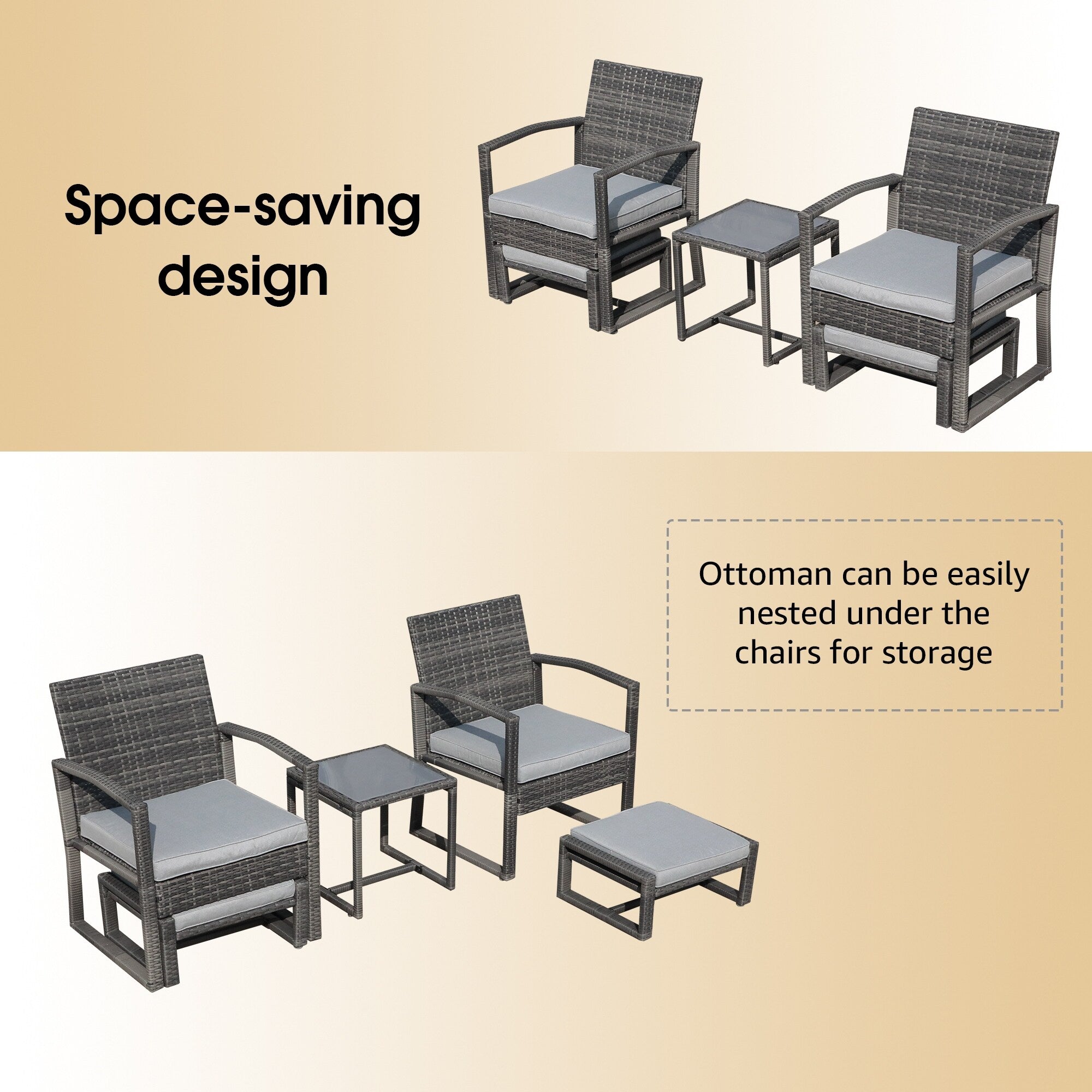 Ensemble de salon de jardin en osier 5 pièces avec fauteuils, poufs et table d'appoint