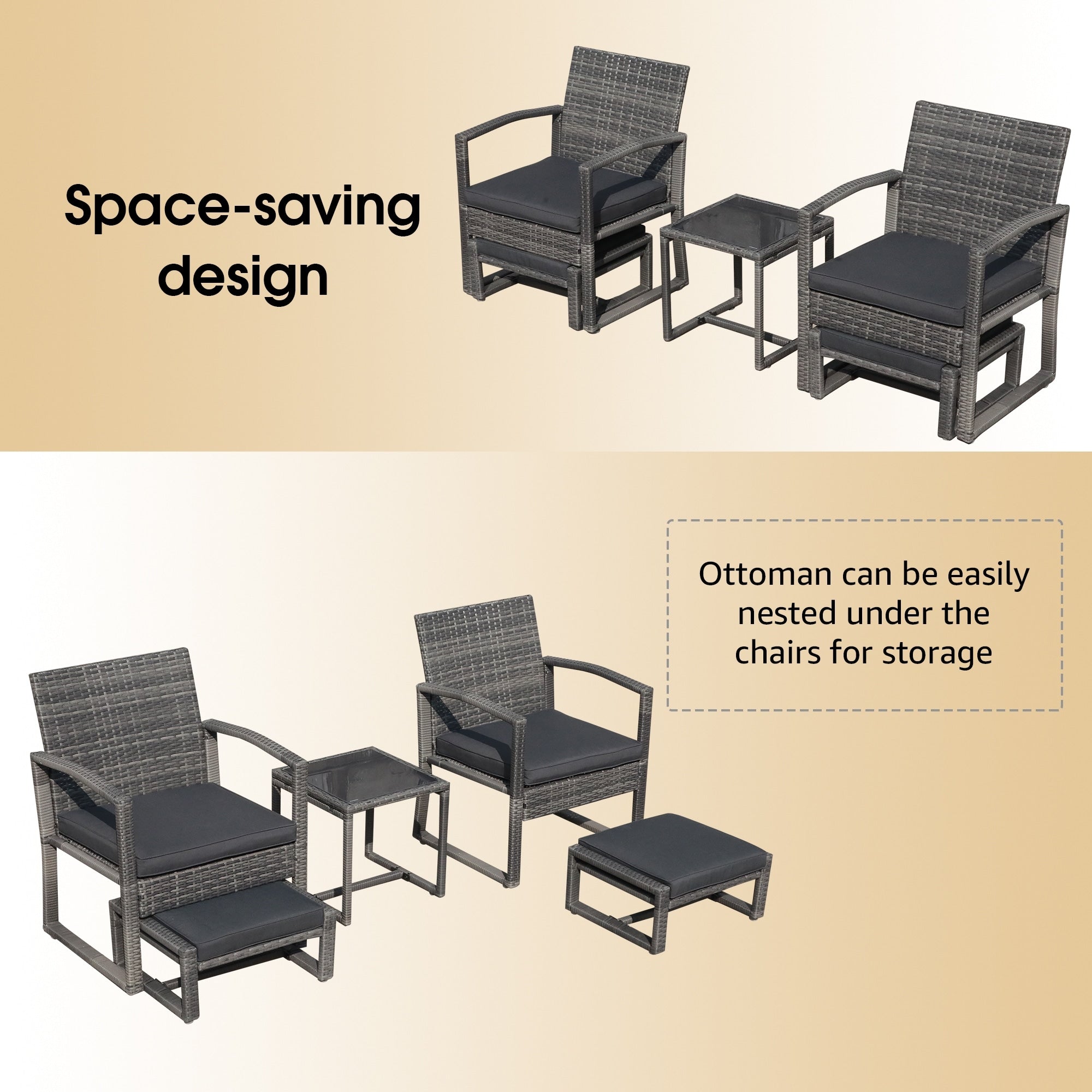Ensemble de salon de jardin en osier 5 pièces avec fauteuils, poufs et table d'appoint
