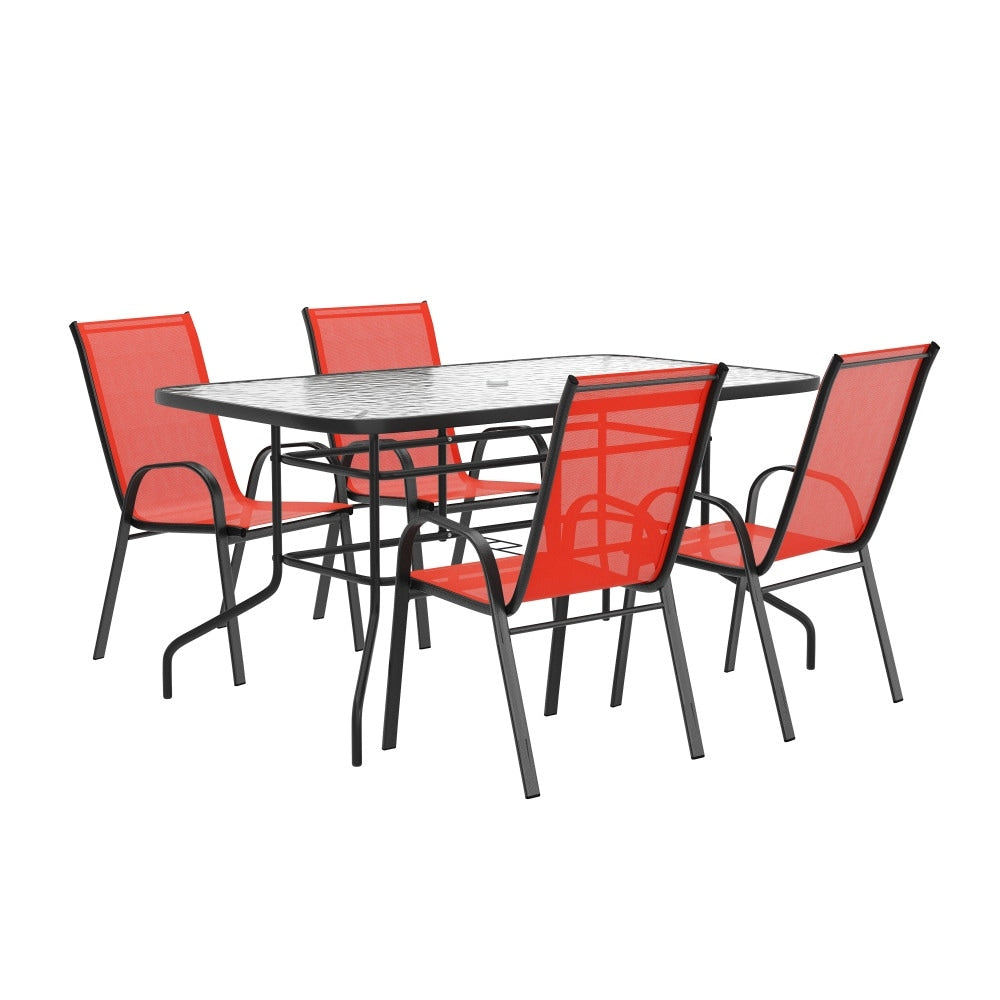 Ensemble de salle à manger de patio 5 pièces : table en verre, 4 chaises empilables flexibles