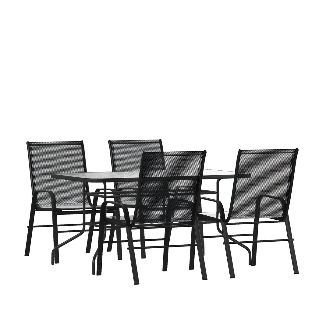 Ensemble de salle à manger de patio 5 pièces : table en verre, 4 chaises empilables flexibles
