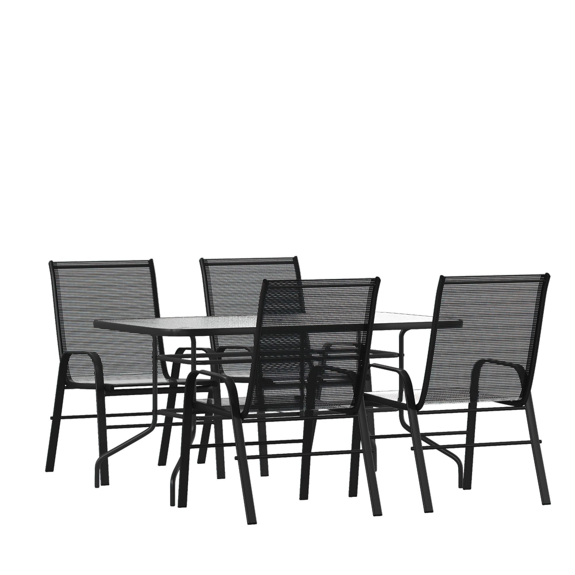 Ensemble de salle à manger de patio 5 pièces : table en verre, 4 chaises empilables flexibles
