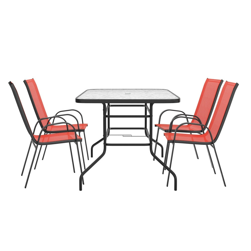 Ensemble de salle à manger de patio 5 pièces : table en verre, 4 chaises empilables flexibles