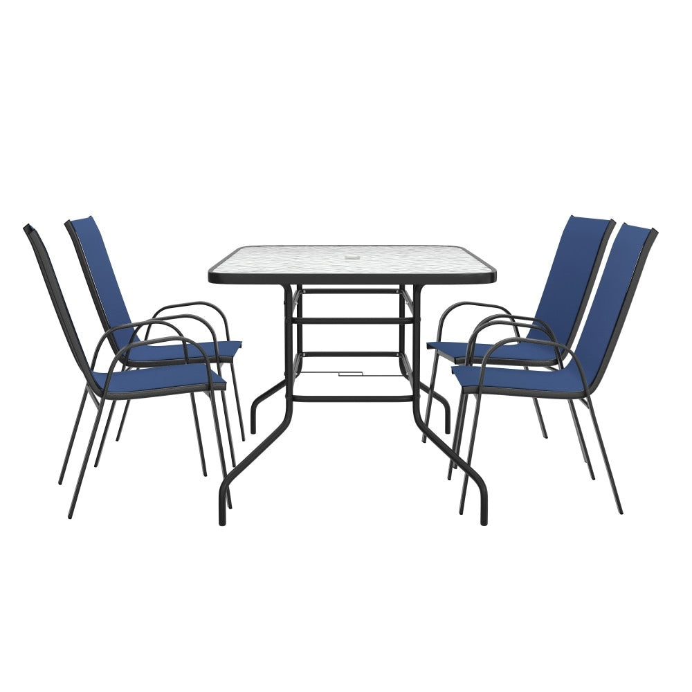 Ensemble de salle à manger de patio 5 pièces : table en verre, 4 chaises empilables flexibles