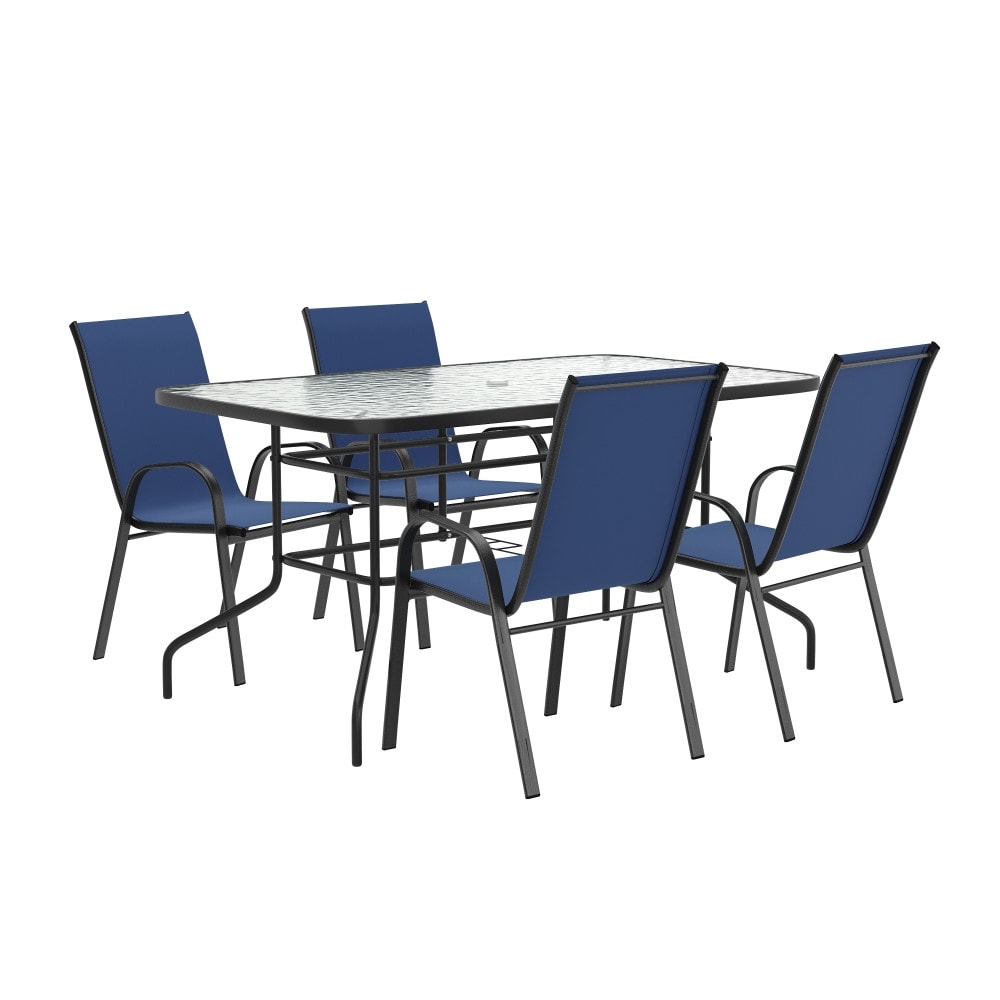 Ensemble de salle à manger de patio 5 pièces : table en verre, 4 chaises empilables flexibles