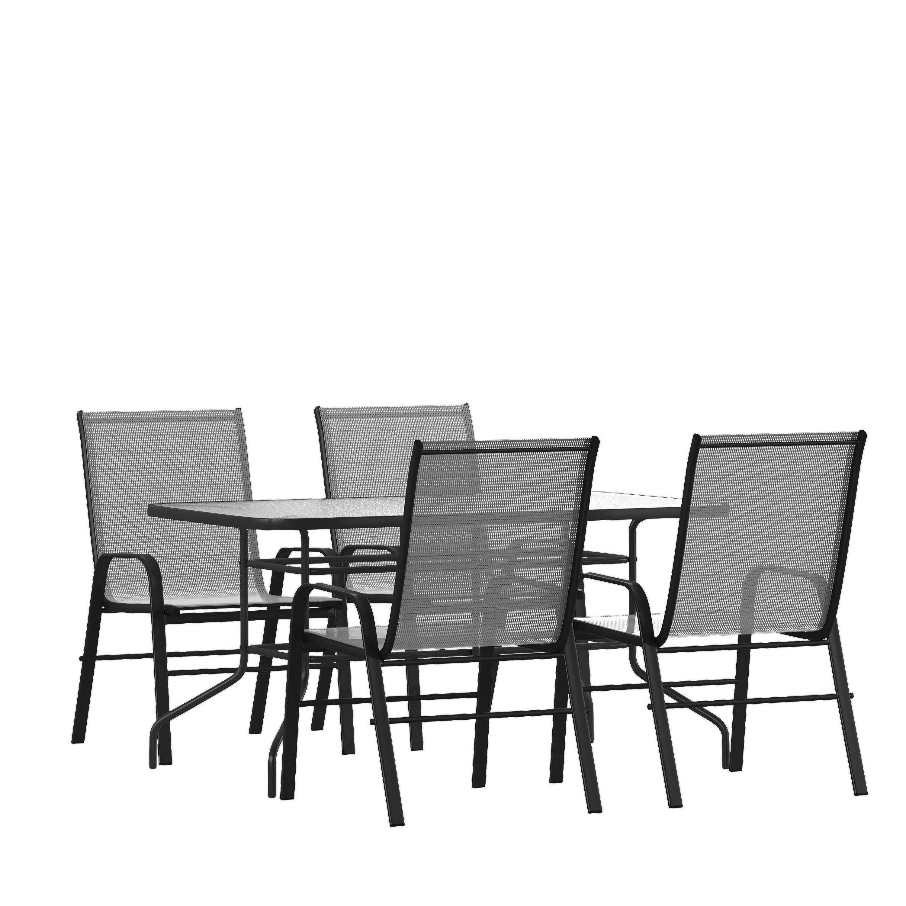 Ensemble de salle à manger de patio 5 pièces : table en verre, 4 chaises empilables flexibles