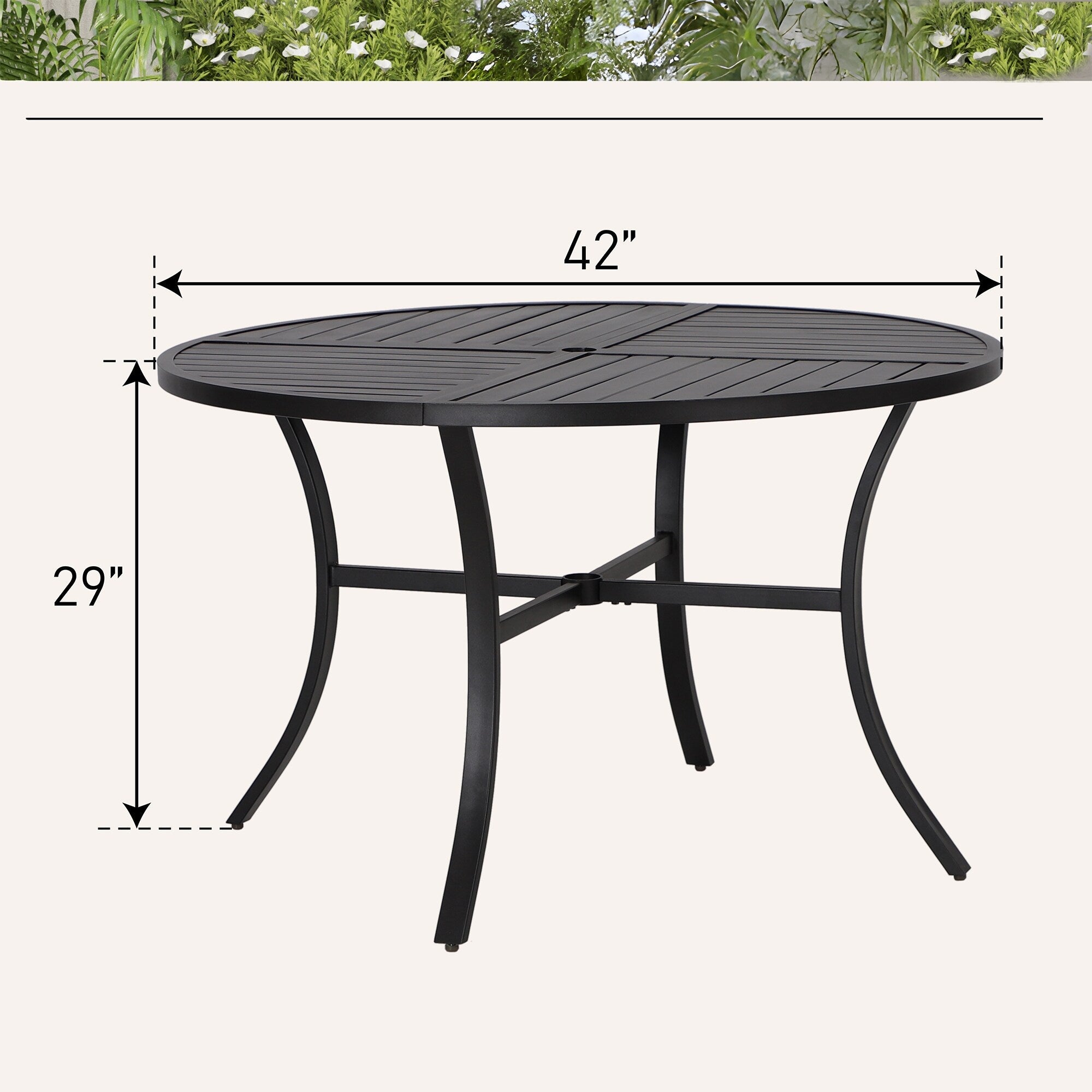 Ensemble de patio 5 pièces avec table ronde en métal de 42 pouces avec trou pour parasol et chaises en osier avec coussin