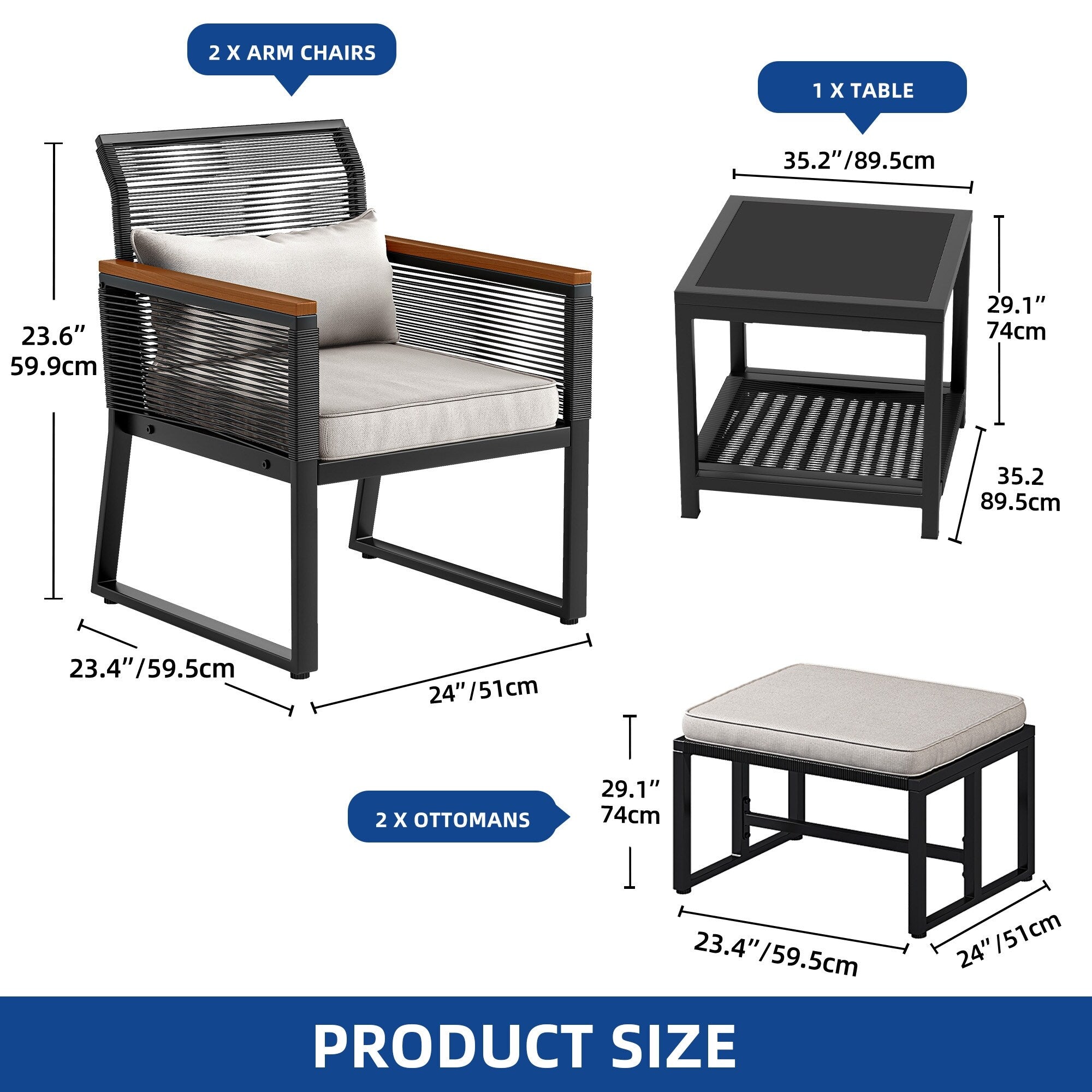 Ensemble bistro 5 pièces en osier avec coussins pour patio - 23,2 L x 28 l x 30,7 H