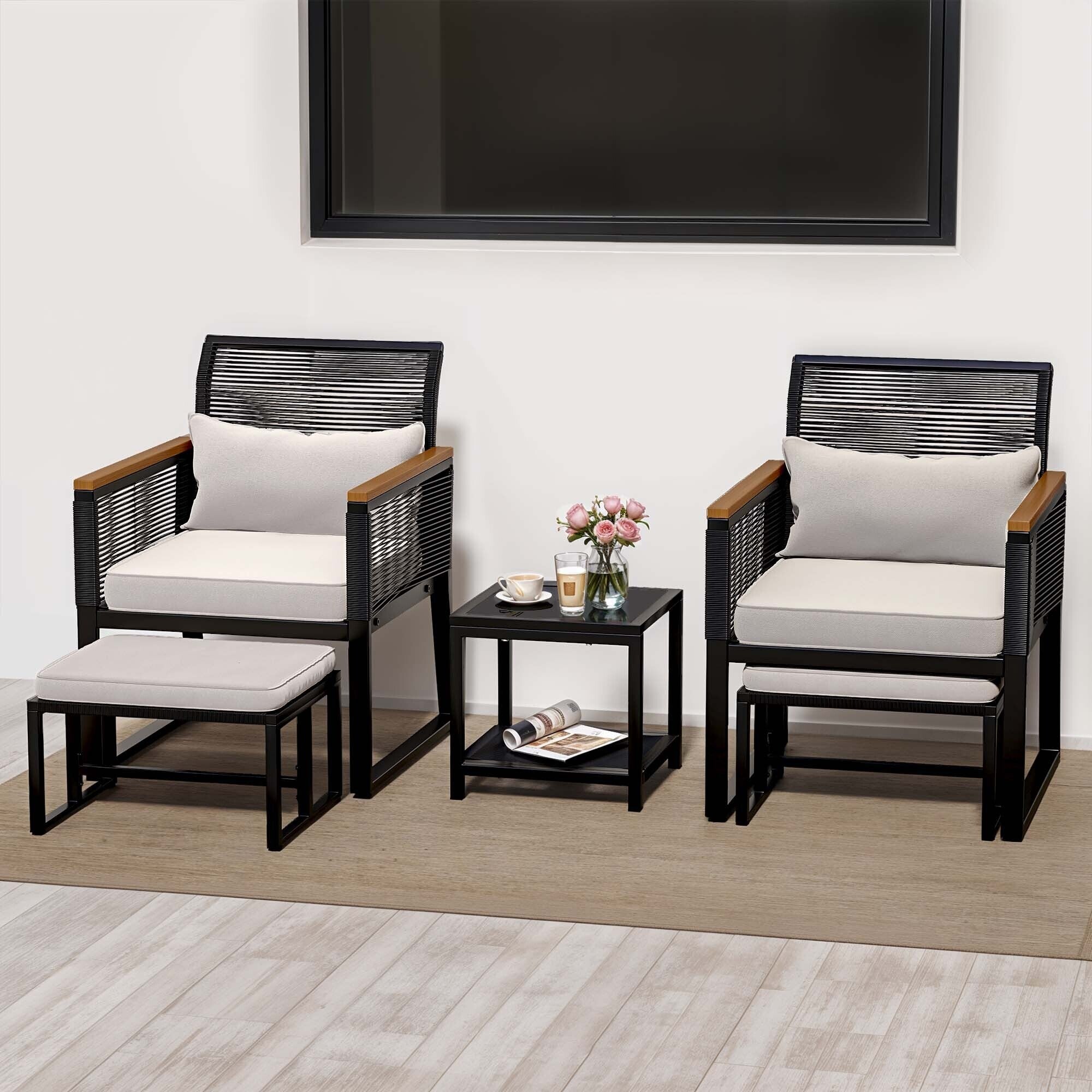 Ensemble bistro 5 pièces en osier avec coussins pour patio - 23,2 L x 28 l x 30,7 H