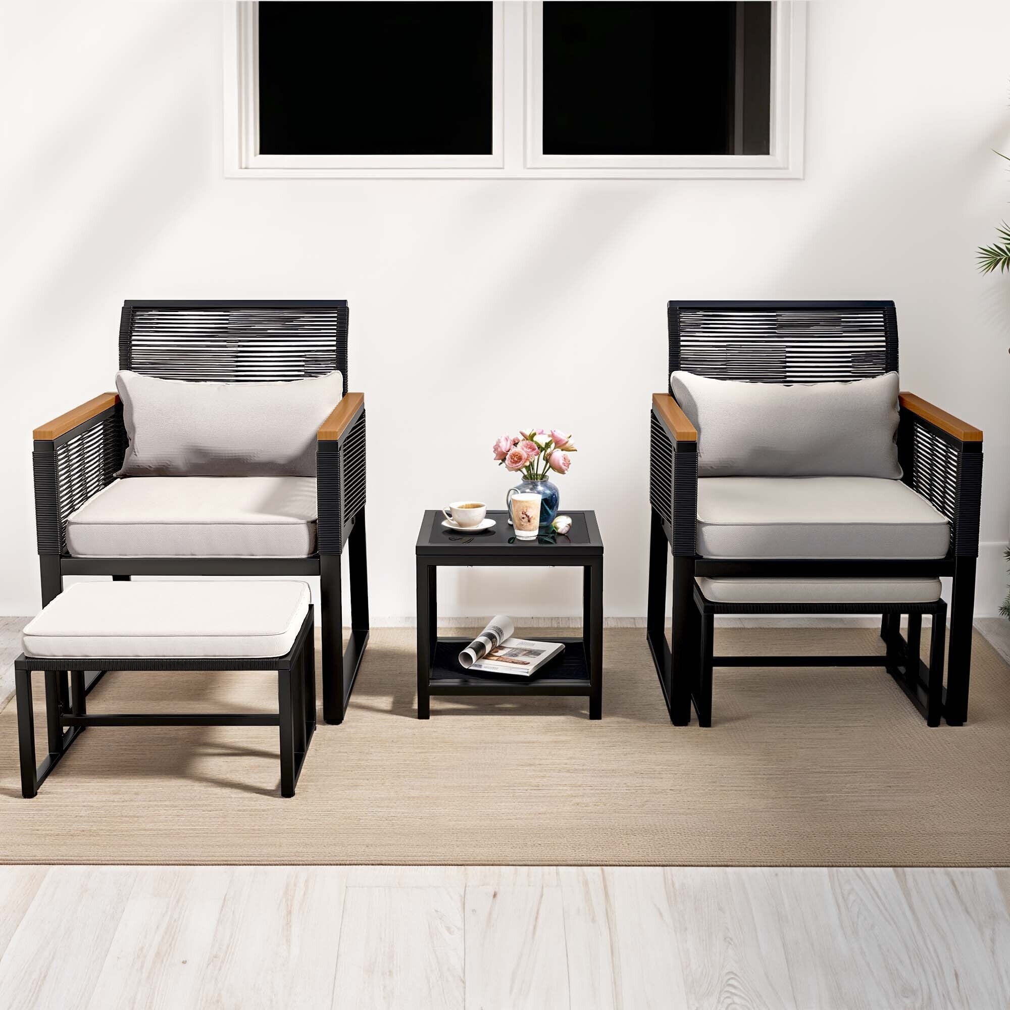 Ensemble bistro 5 pièces en osier avec coussins pour patio - 23,2 L x 28 l x 30,7 H