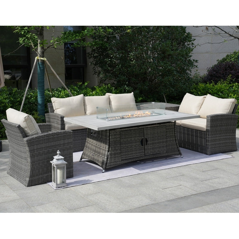 Canapé de conversation en osier pour patio 5 pièces avec table de foyer et coffre de rangement