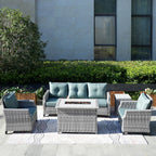 Ensemble de canapés de patio en osier 5 pièces avec table de foyer et housse de pluie