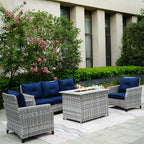 Ensemble de canapés de patio en osier 5 pièces avec table de foyer et housse de pluie