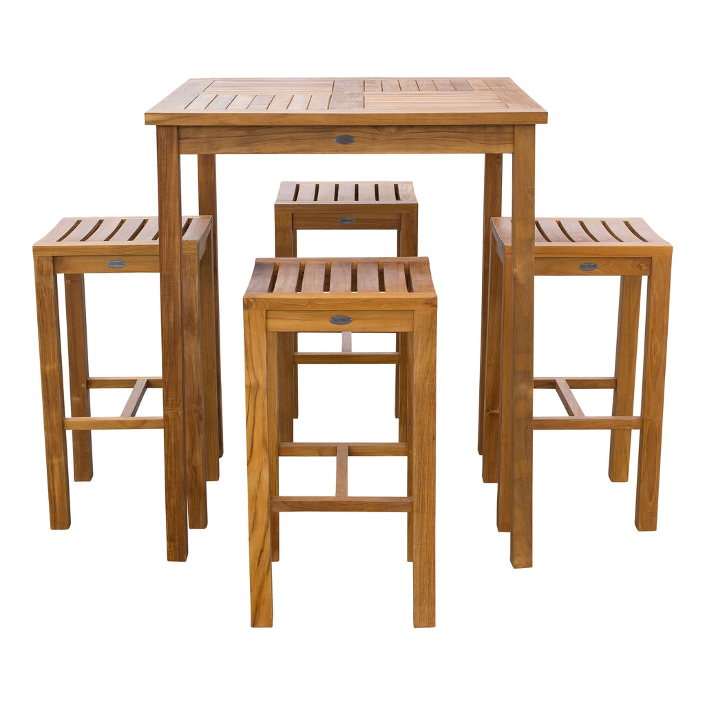 Ensemble de bar bistrot Chic Teak 5 pièces en teck Havana avec table carrée de 35 pouces et 4 tabourets de bar