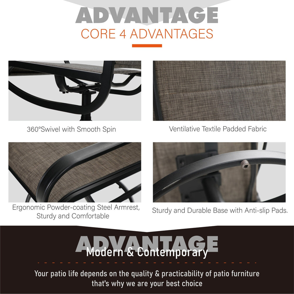 Ensemble de salle à manger d'extérieur 5 pièces, 4 chaises pivotantes rembourrées en mousse à séchage rapide et une table ronde en métal grain de bois de 44 pouces