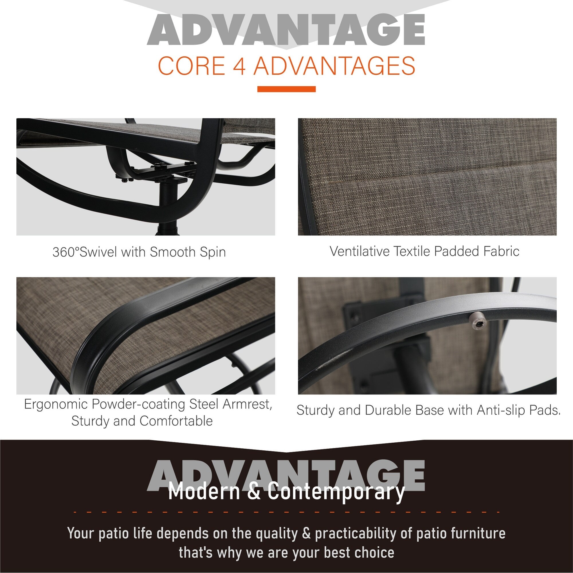 Ensemble de salle à manger d'extérieur 5 pièces, 4 chaises pivotantes rembourrées en mousse à séchage rapide et une table ronde en métal grain de bois de 44 pouces