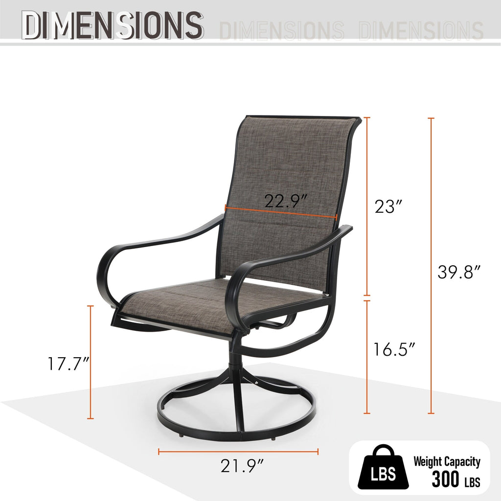 Ensemble de salle à manger d'extérieur 5 pièces, 4 chaises pivotantes rembourrées en mousse à séchage rapide et une table ronde en métal grain de bois de 44 pouces