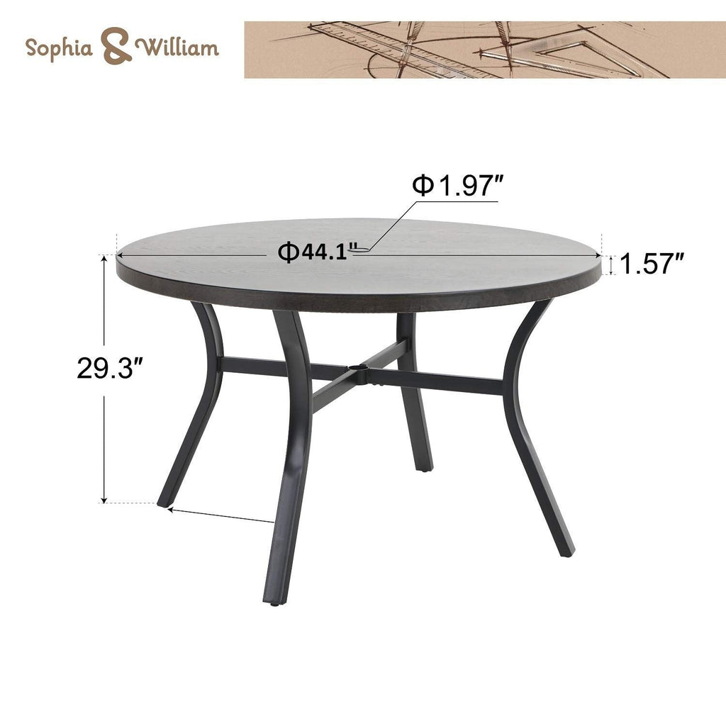 Ensemble de salle à manger d'extérieur 5 pièces, 4 chaises pivotantes rembourrées en mousse à séchage rapide et une table ronde en métal grain de bois de 44 pouces