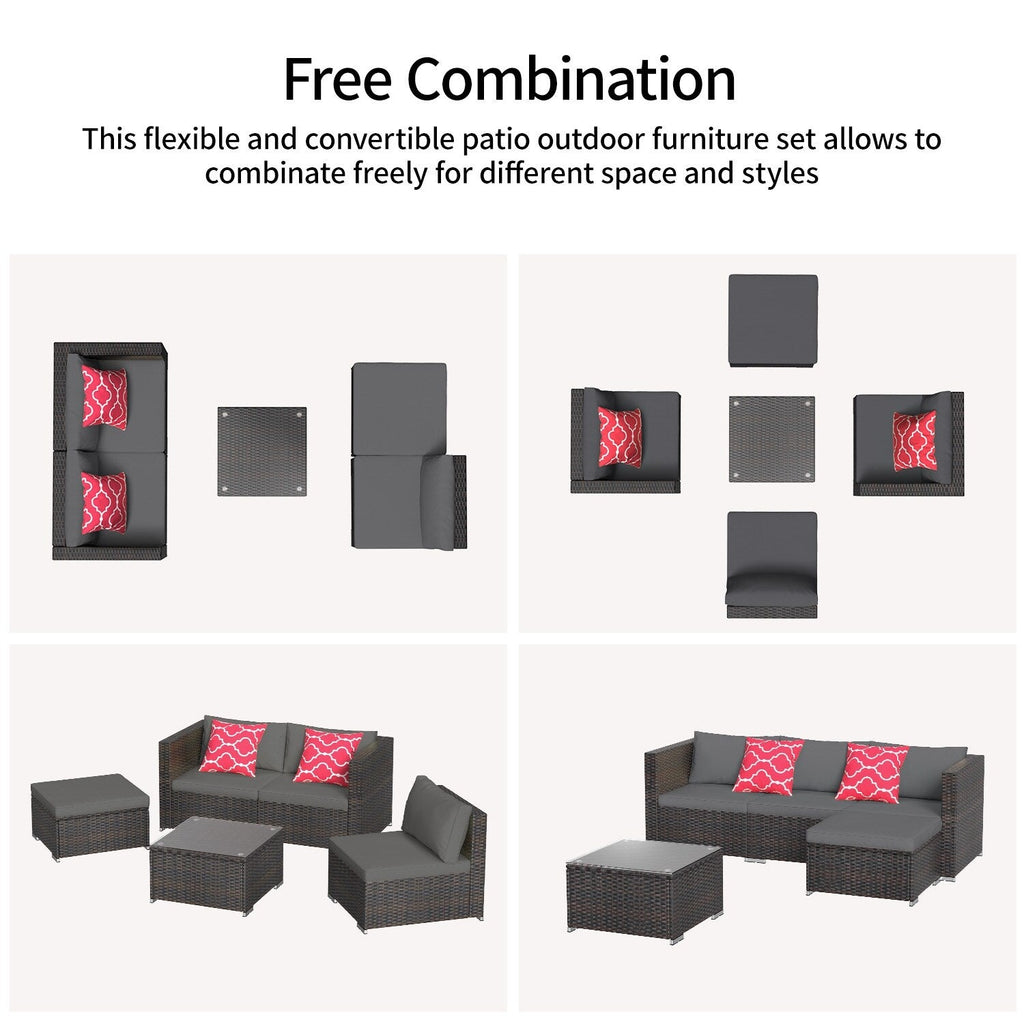 Ensemble de salon d'extérieur 5 pièces, ensemble de conversation pour patio, ensemble de canapé sectionnel en rotin avec table basse