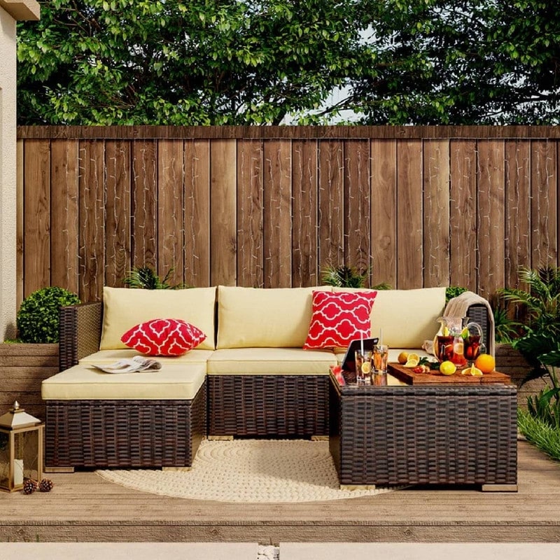 Ensemble de salon d'extérieur 5 pièces, ensemble de conversation pour patio, ensemble de canapé sectionnel en rotin avec table basse