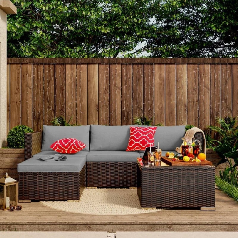 Ensemble de salon d'extérieur 5 pièces, ensemble de conversation pour patio, ensemble de canapé sectionnel en rotin avec table basse