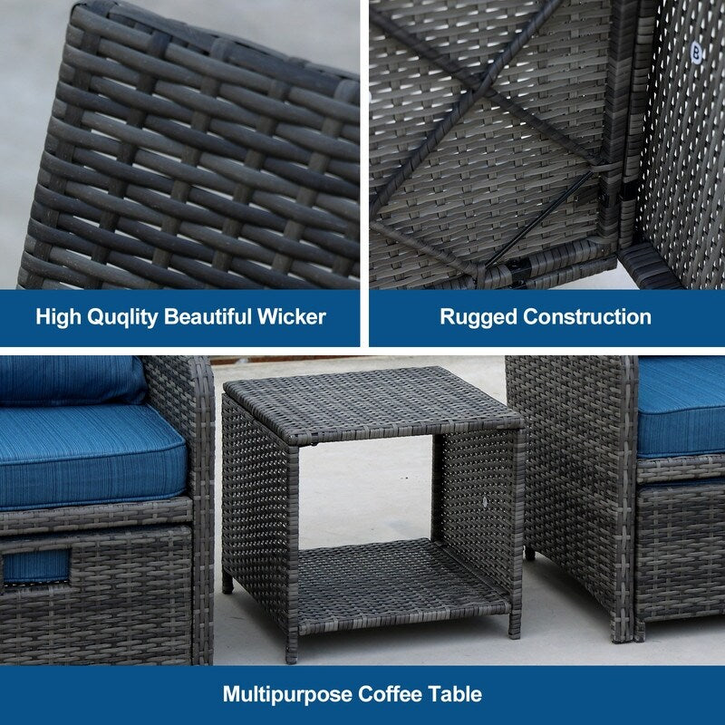 Ensemble de meubles de patio extérieur en osier 5 pièces avec poufs et table basse