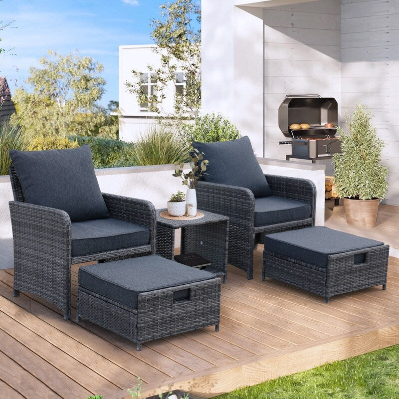 Ensemble de meubles de patio extérieur en osier 5 pièces avec poufs et table basse