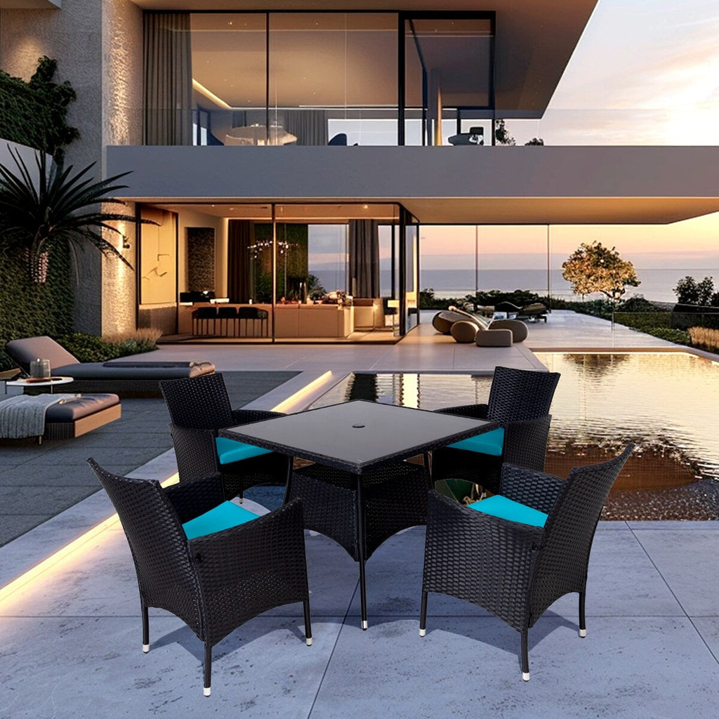 Ensemble de salle à manger d'extérieur en osier 5 pièces avec coussins et table